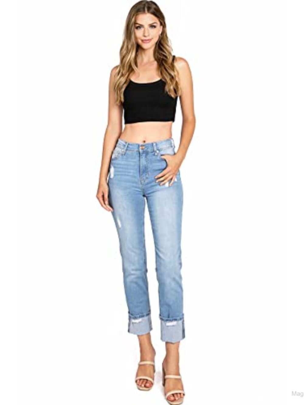 High Rise Straight Leg Jeans Fold Over Hem Cotton Blend